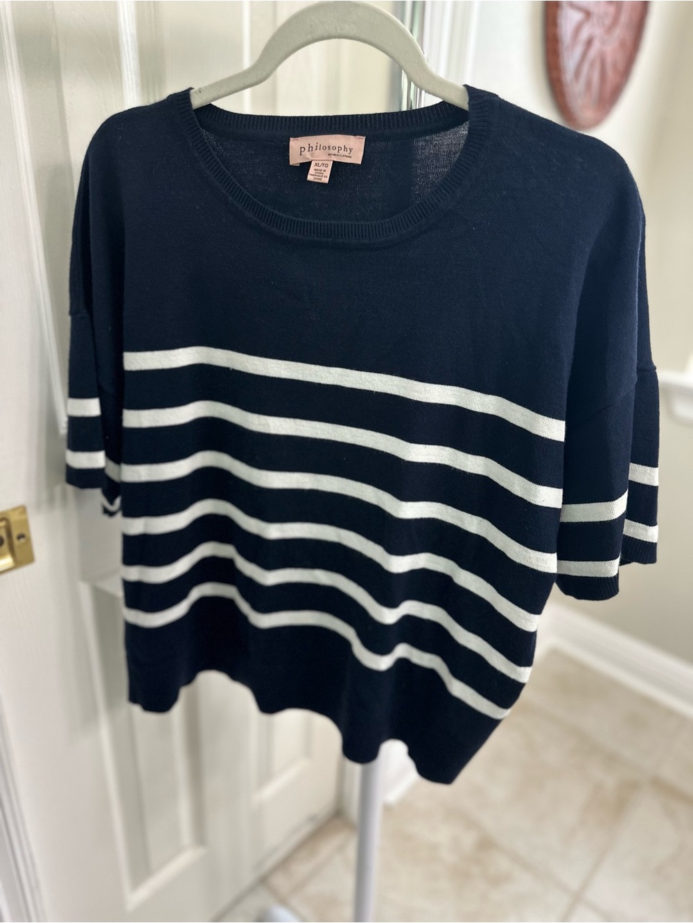 Philosophy Navy & White Striped Knit Short Sleeve Sweater
